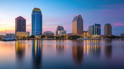 Fototapeta premium Vibrant City Skyline at Sunset Over Water
