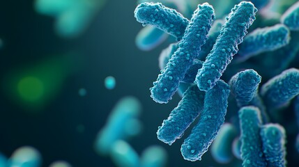 3D microscopic close-up of blue rod-shaped bacteria in teal fluid, detailed textures, dark scientific background, medical and microbiology concept.