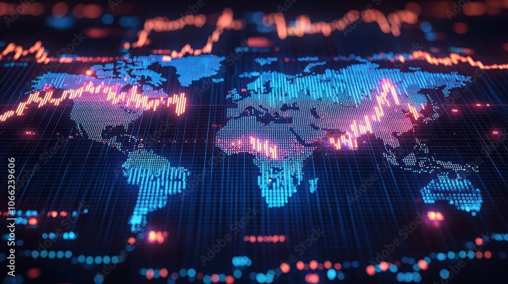 Poster Digital World Map with Glowing Lines and Dots Representing Data