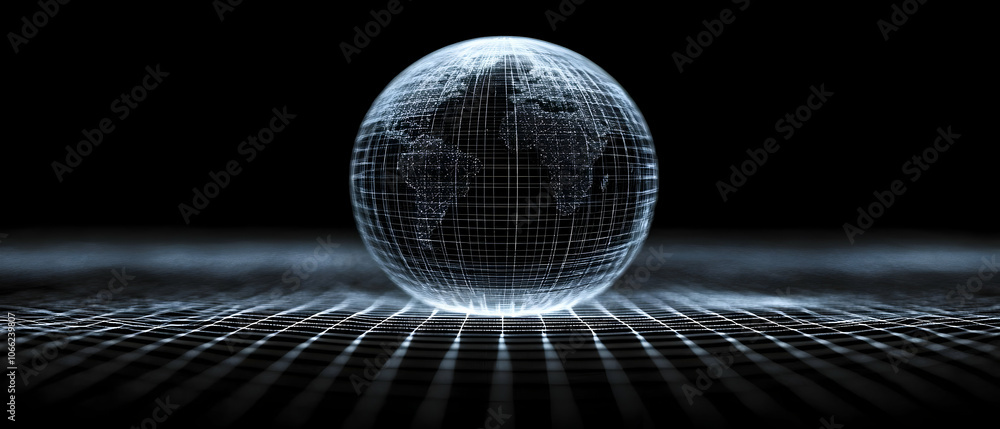 Poster digital globe representation with grid lines, glowing effect on a black background.