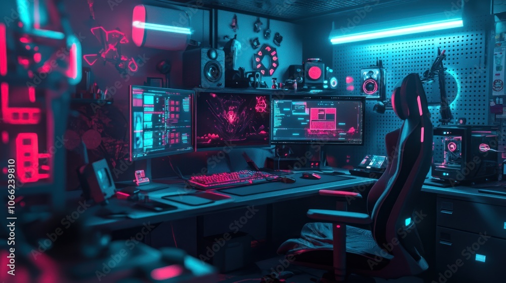 Poster a neon-lit gaming setup with multiple monitors and a comfortable chair
