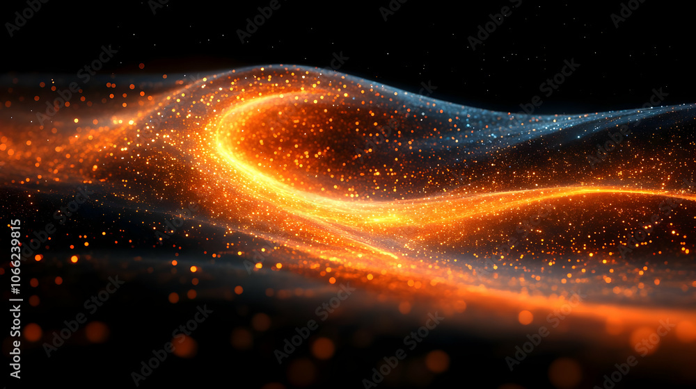 Poster dynamic abstract wave of orange and blue light with sparkles on a dark background.