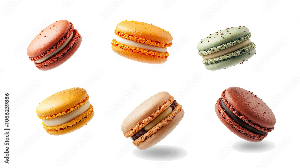 Aufkleber colorful macarons floating in the air on a transparent background generative ai