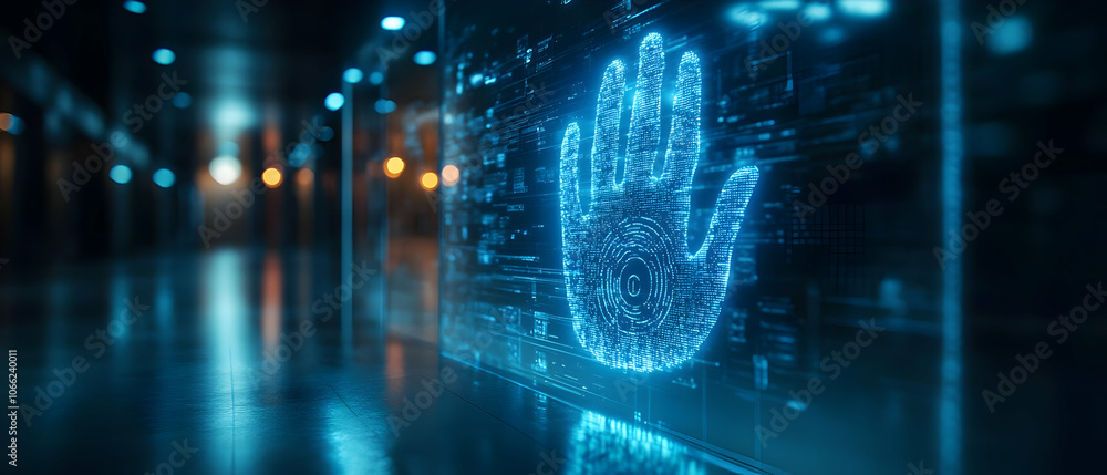 Poster futuristic hand hologram displayed in a digital environment with soft lighting and reflective surfac