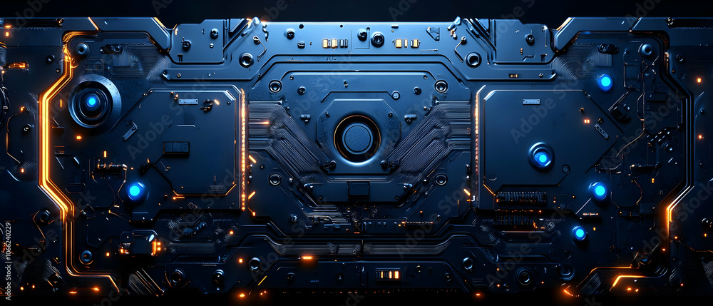 Poster futuristic circuit board design with glowing blue lights and intricate patterns on a dark background