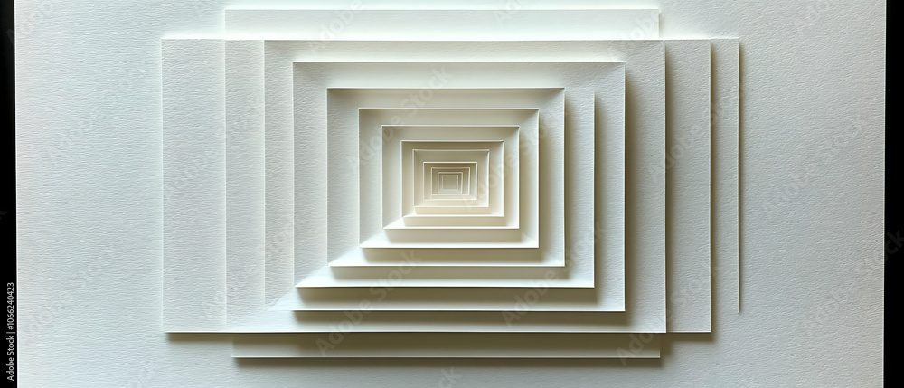 Poster geometric layers of white paper creating a dynamic illusion on a white background.