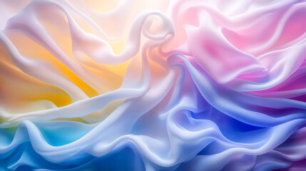 Obraz premium Soft pastel gradient fabric waves create serene and colorful background, blending hues of pink, blue, and yellow. flowing texture evokes sense of calm and elegance