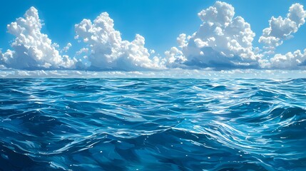 Fototapeta premium Tranquil Waters: A Serene Seascape Captured in Vibrant Blue Hues and Fluffy White Clouds Reflecting on Sparkling Ocean Waves