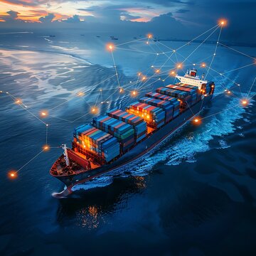 Aerial view of cargo ship with container sailing in sea at sunset