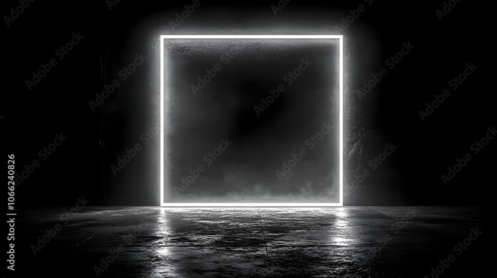 Poster illuminated square frame in dark background, creating a mystic and modern atmosphere.