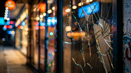  City street at night with broken windows and graffiti on walls, symbolizing urban violence and the impact of social issues on community environments. 