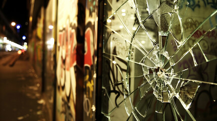 City street at night with broken windows and graffiti on walls, symbolizing urban violence and the impact of social issues on community environments. 