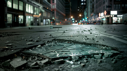  City street at night with broken windows and graffiti on walls, symbolizing urban violence and the impact of social issues on community environments. 