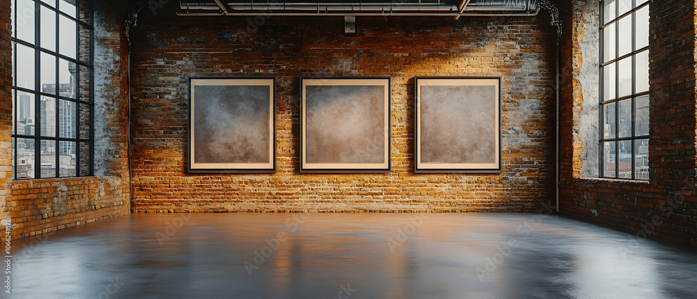 Poster modern art gallery with three empty frames on a rustic brick wall and large windows, showcasing mini