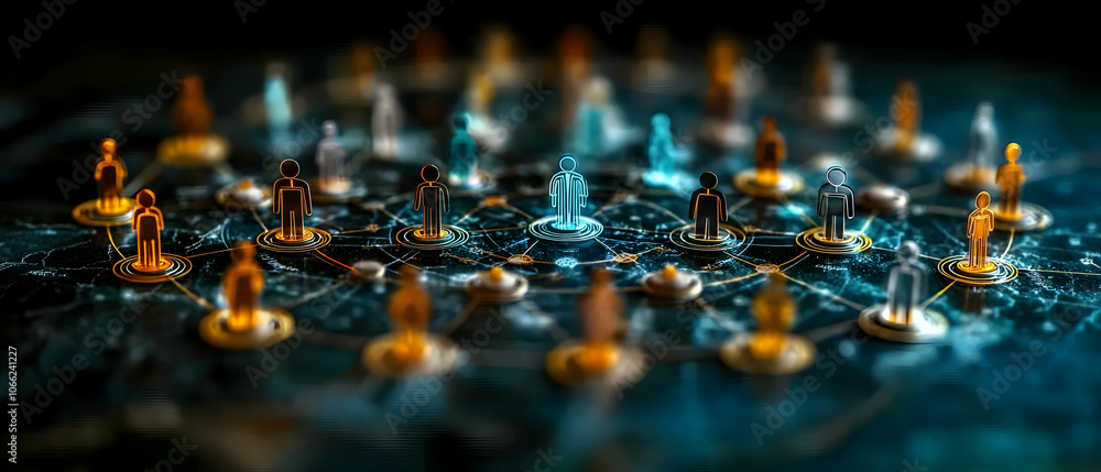 Poster network of digital avatars connected in a virtual space, symbolizing collaboration and technology.