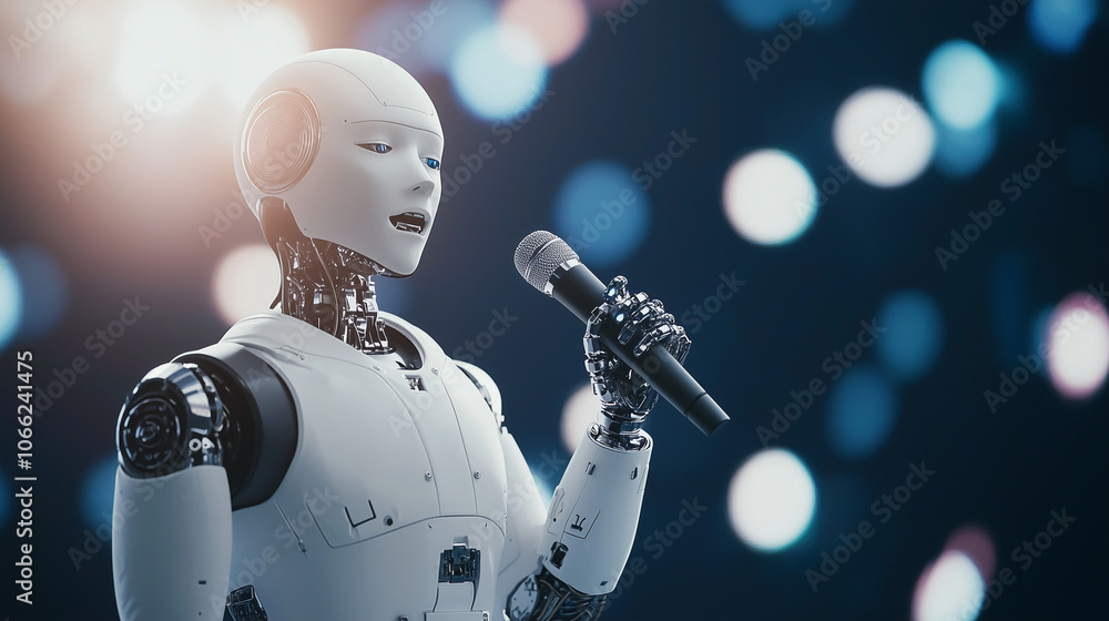 Poster robot singer on stage: a humanoid robot takes center stage with a microphone in hand, singing into t