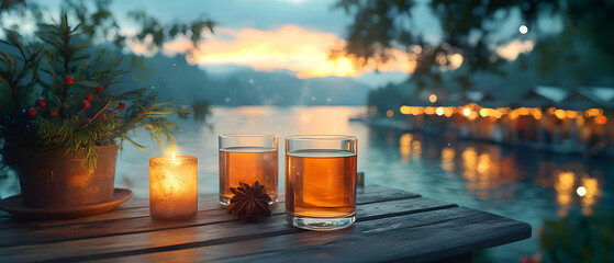 Relaxing outdoor scene with glasses of beverage, candle, and pinecone, set against a serene river sunset.