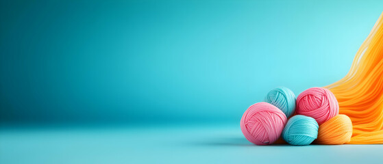 Colorful yarn balls and strands of yarn on a bright blue background, perfect for knitting and crafting enthusiasts.