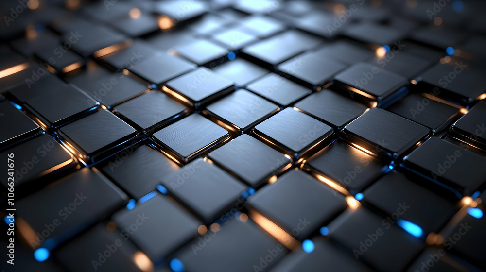 Poster abstract close-up of interlocking geometric shapes with illuminated edges, showcasing a futuristic d