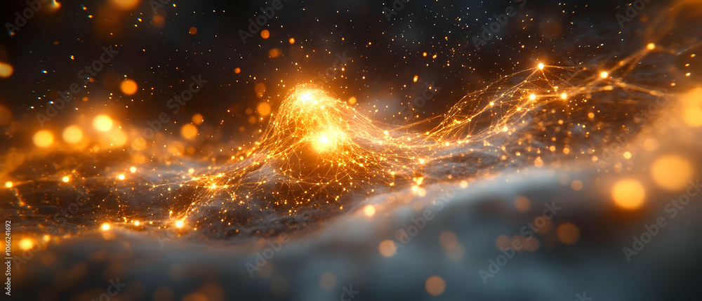 Aufkleber abstract glowing network of particles and waves, creating a futuristic digital landscape.