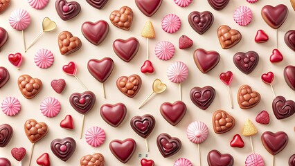 Fototapeta premium Charming Valentine's Day seamless pattern showcasing minimalist candies, hearts, and delightful sweets in gentle hues, ideal for romantic illustrations and festive projects.
