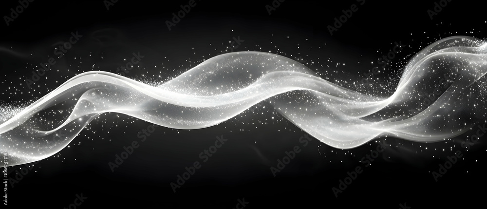 Poster elegant abstract wave with sparkling particles on a dark background.