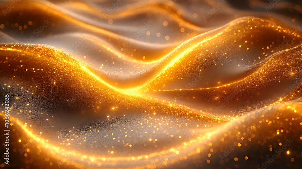 Poster abstract golden waves and sparkling particles creating a mesmerizing visual of light and texture.