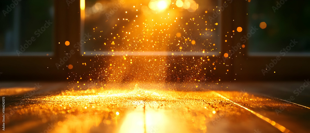 Poster sunlight streaming through a window, illuminating dust particles dancing in the air, creating a warm