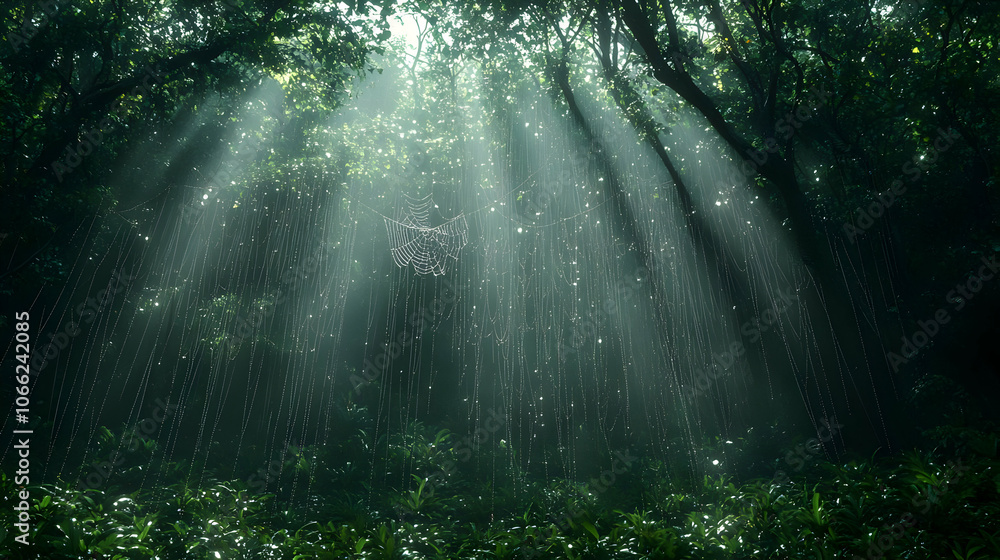 Poster sunlight streaming through dense forest, creating an enchanting atmosphere of tranquility and natura