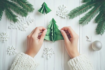 Paper Christmas tree in hand crafts christmas. Idea for Christmas creativity with children.