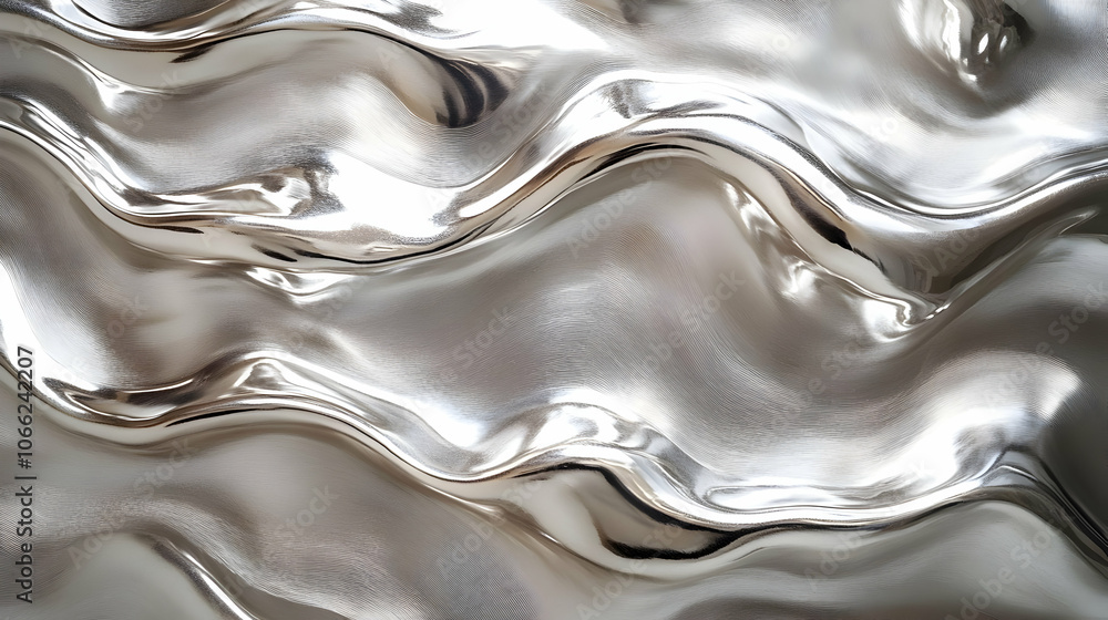 Poster textured metallic surface with wavy patterns, creating a shiny and abstract appearance on a neutral 