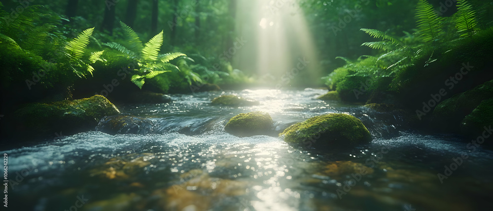 Poster tranquil forest stream with lush greenery, soft sunlight filtering through trees, creating a serene 
