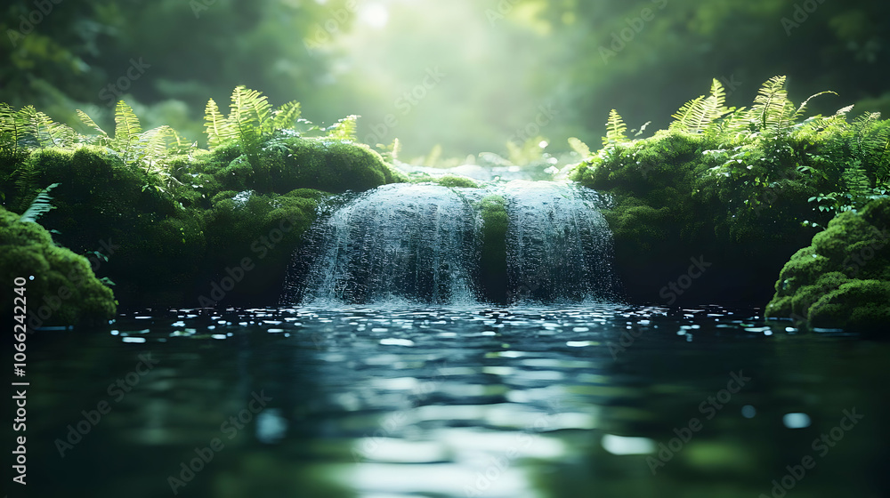 Poster tranquil waterfall surrounded by lush greenery and soft sunlight filtering through leaves, creating 