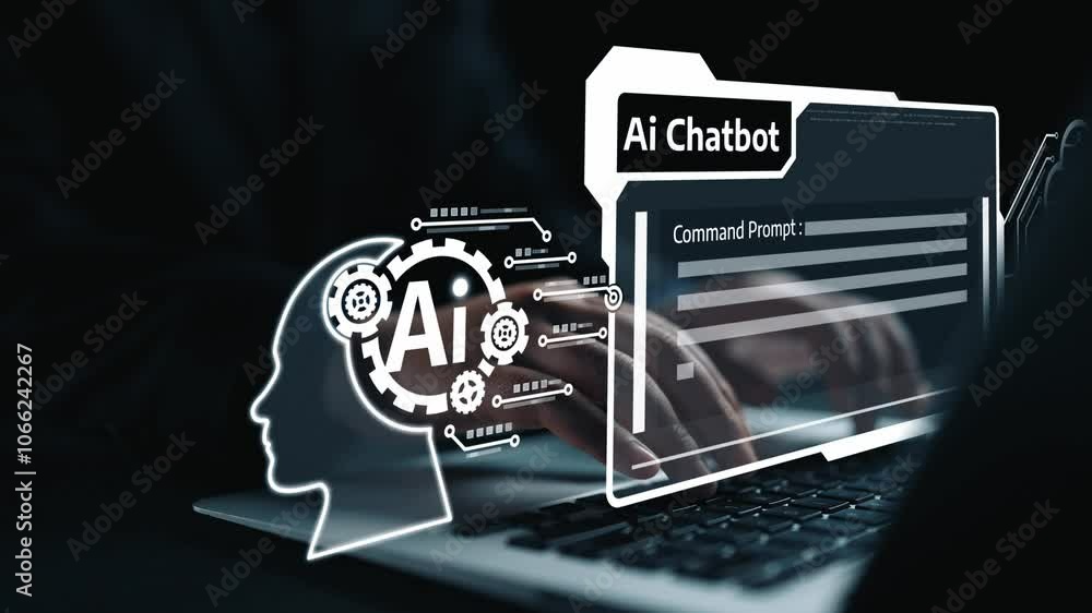 Poster human interact with ai artificial intelligence virtual assistant chatbot in concept of ai artificial