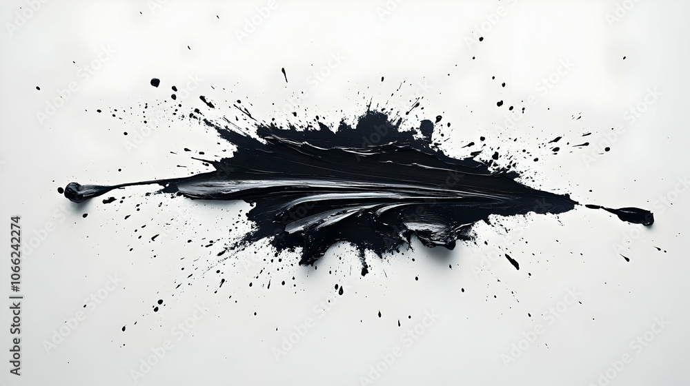 Poster abstract black paint splash with splatters on a white background, creating a dramatic visual effect.