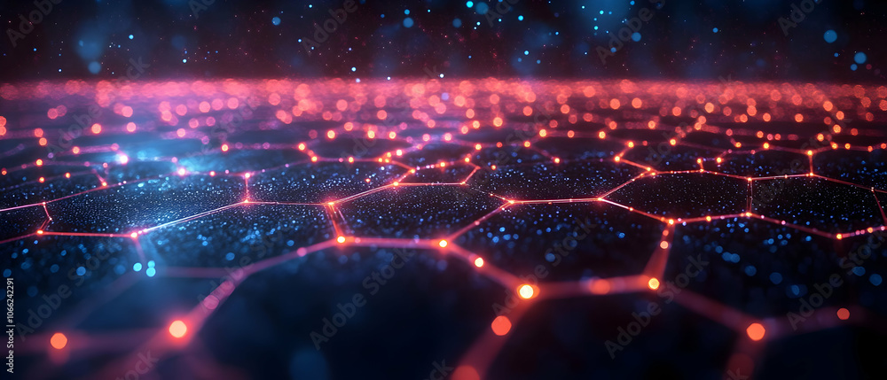 Poster futuristic hexagonal grid with glowing lights, showcasing an abstract digital landscape in vibrant c