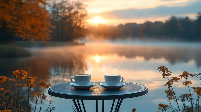 Two coffee cups on a table by a tranquil lake during a beautiful sunrise with autumn foliage.