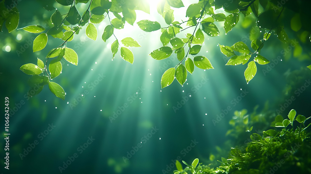 Poster lush green leaves with sunlight filtering through, creating a serene and refreshing atmosphere.