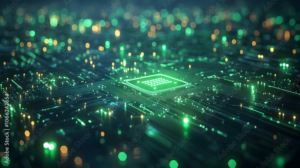 Poster futuristic computer circuit board with glowing green lights showcasing intricate details of technolo