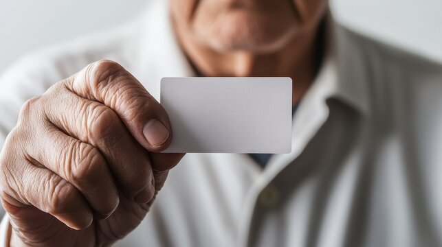 An elderly Asian man holds a blank insurance card against a neutral backdrop