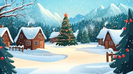 Fototapeta premium Snowy Winter Village with a Decorated Christmas Tree