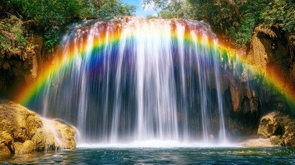 Obraz premium Waterfall with a Rainbow Arc Cascading Over Rocks
