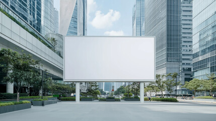 Obraz premium Blank Billboard in Urban Landscape: A striking cityscape backdrop with a blank billboard, ready for your message, in a vibrant urban setting. 