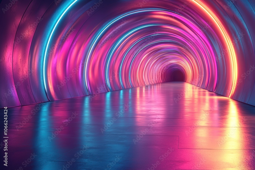 Aufkleber neon lights illuminating a circular tunnel with a reflective floor