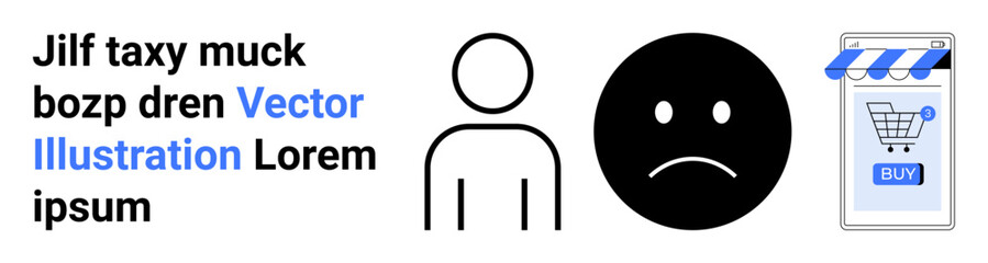 Fototapeta premium Stick figure and sad face emotion expressing frustration with online shopping cart store interface and buy button. Ideal for user experience, e-commerce, emotion, web design, marketing, tech issues
