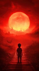 Obraz premium Boy Silhouette Walking on a Bridge Towards a Dystopian City Under a Red Moon