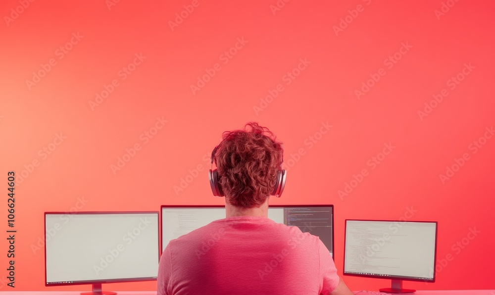 Poster tech-savvy student immersed in e-learning with a multi-screen setup and headphones