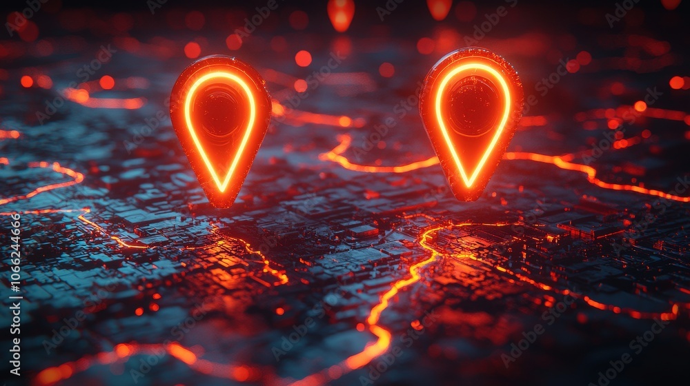 Poster futuristic gps navigation system with neon location pins