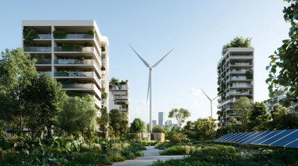Fototapeta premium Eco-Friendly Urban Living: Sustainable apartment buildings, wind turbines, and solar panels create a harmonious blend of modern architecture and environmental consciousness.