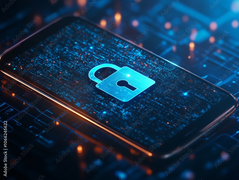 Poster digital lock icon displayed on smartphone screen for cybersecurity concept